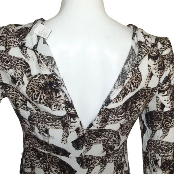 H&M Mini Dress, 4, Wild Cats, White/Brown, Long sleeves, big keyhole back - Picture 10 of 15